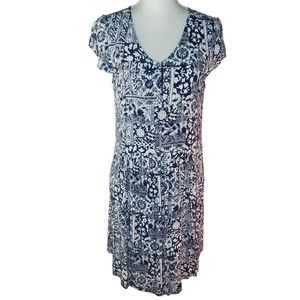 GARNET HILL Summer Day Dress Women's 10 Navy Blue White Floral Print Lined